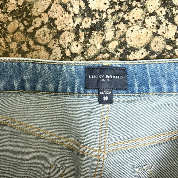 Lucky Brand Drew Mom Jeans High Rise Button Fly Taper Blue Distressed Sz 14/32A - Picture 5 of 7